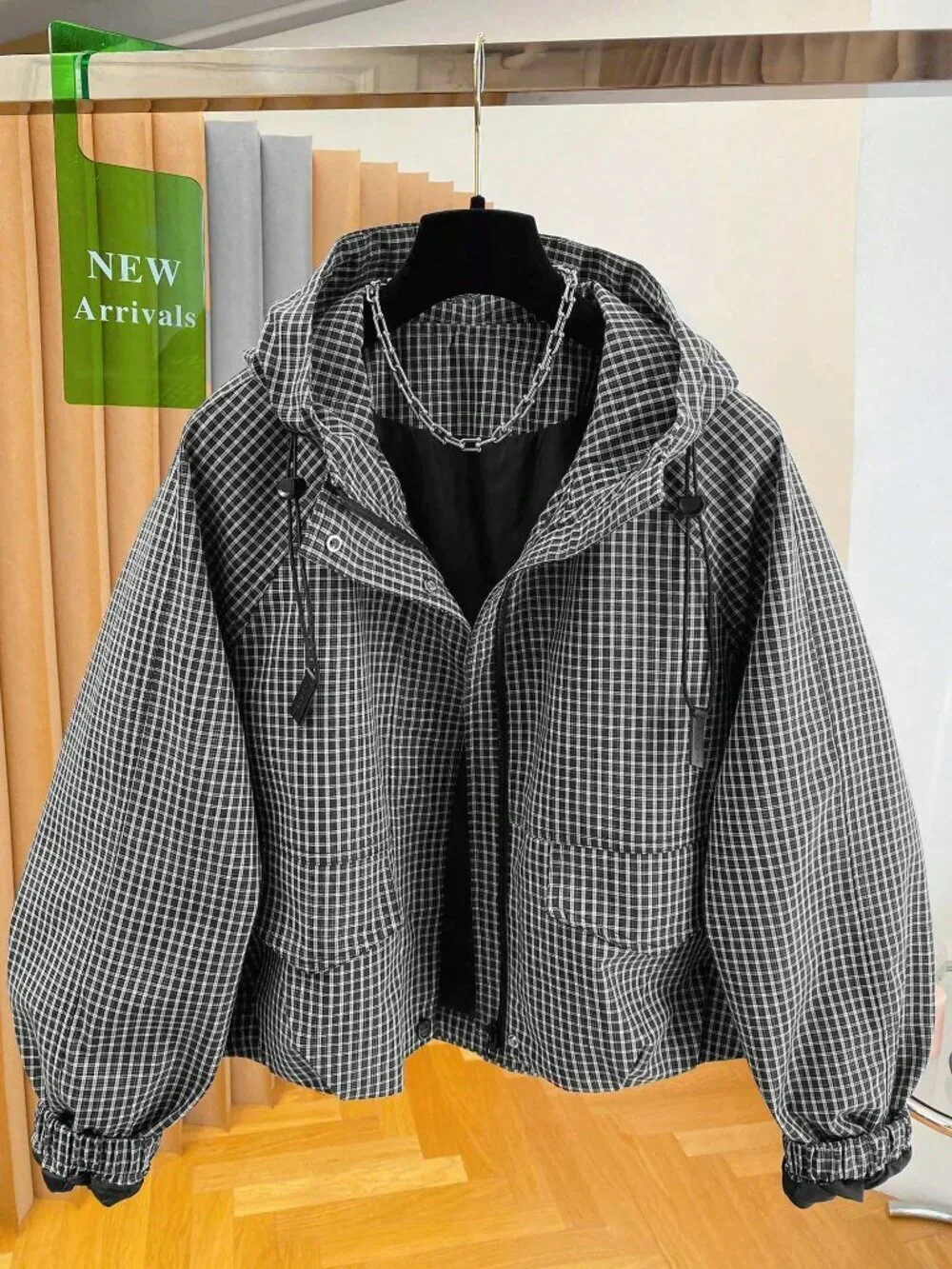 Black And White Casual Women's Grid Plaid Hooded Jacket
